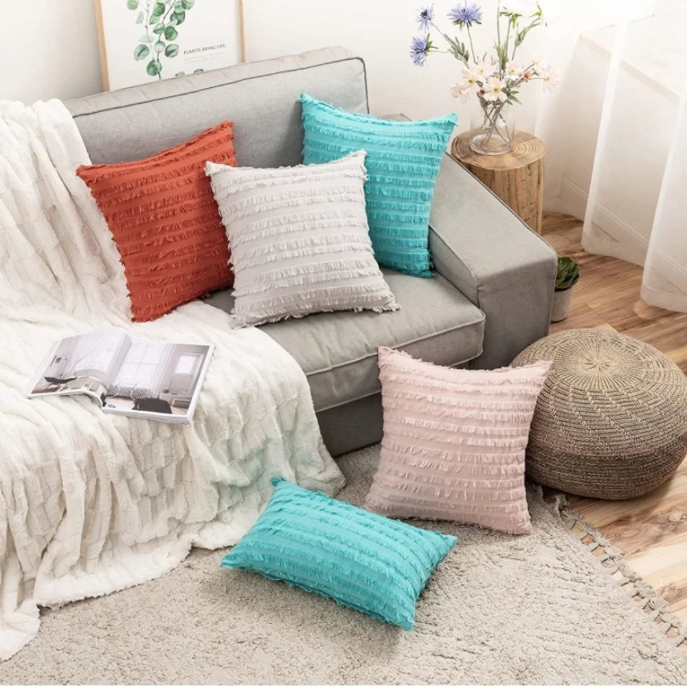 Luxury Home | Boho Chic Turquoise Frayed Striped Jaquard Lumbar Pillow Covers